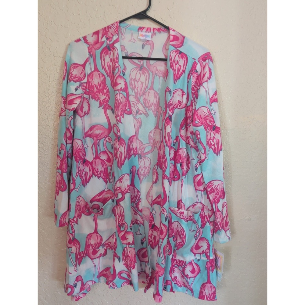 LuLaRoe Caroline Pink Flamingo Print Open-Front Cardigan Medium Pockets NEW